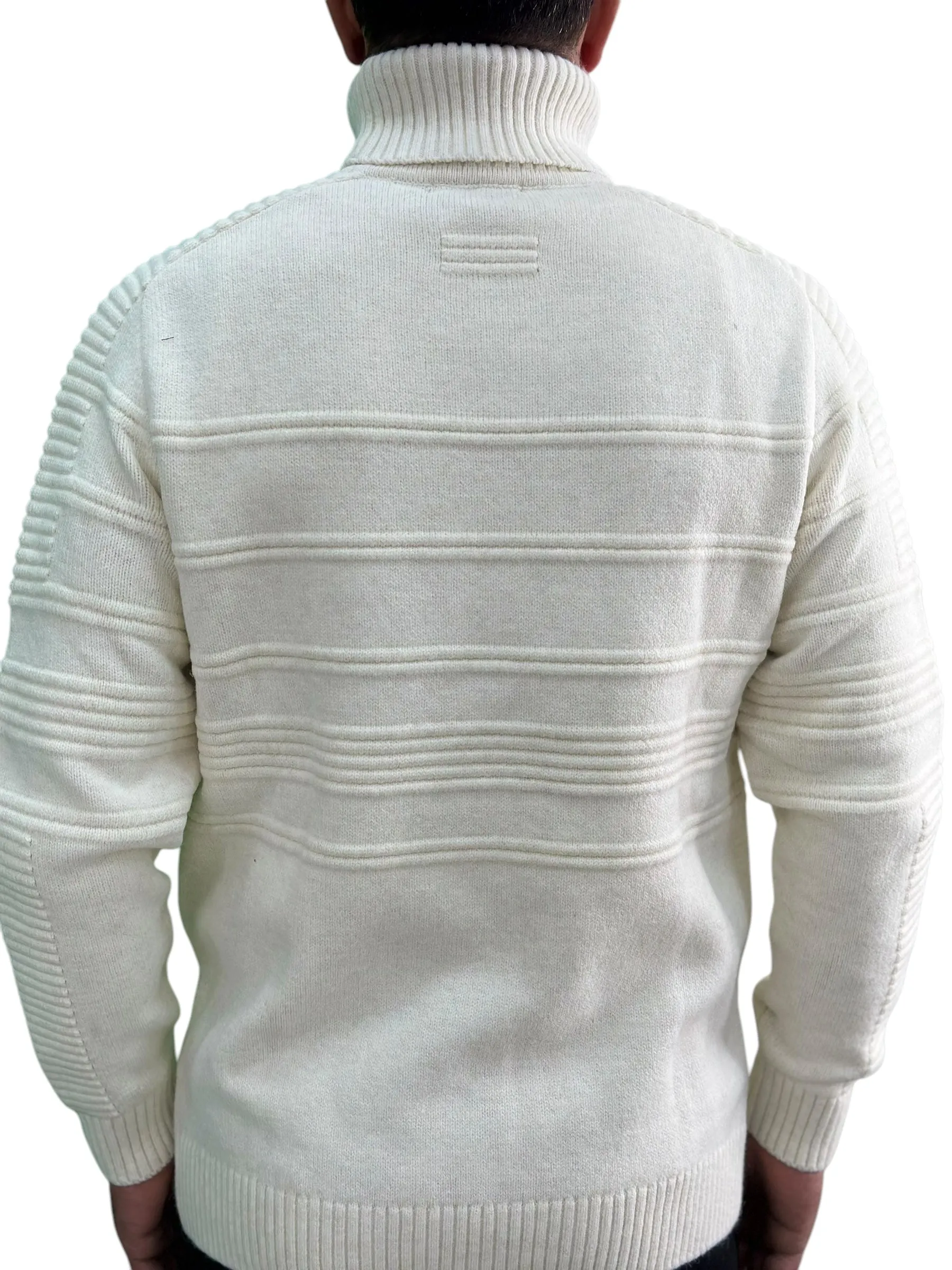 Solid Off White Patterned  Men's Chunky Turtleneck Sweater -100% Real  Wool