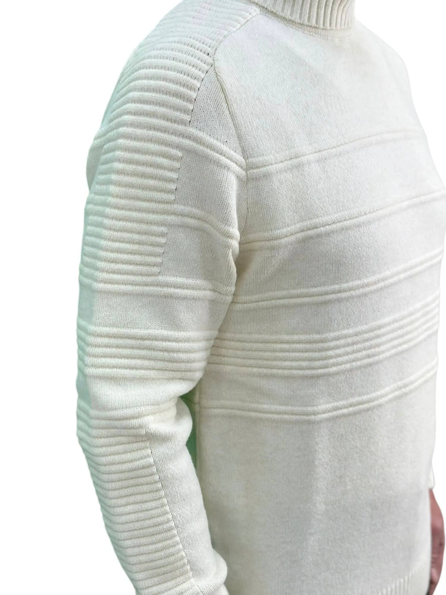 Solid Off White Patterned  Men's Chunky Turtleneck Sweater -100% Real  Wool