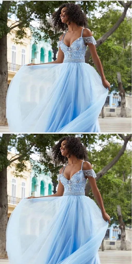 Spaghetti Straps Beaded Blue Long Prom Dresses ,Cheap Prom Dresses,PDY0439