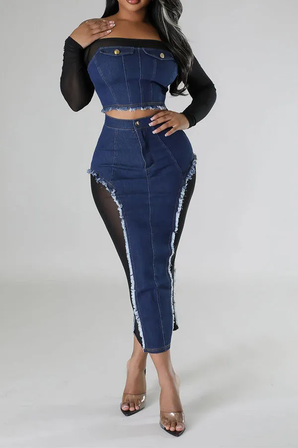 storexq Patchwork See-Through Smart Off Shoulder Denim Dress Suit