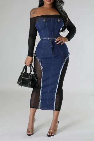 storexq Patchwork See-Through Smart Off Shoulder Denim Dress Suit
