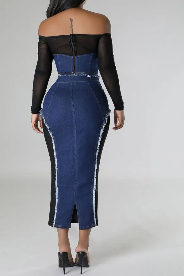 storexq Patchwork See-Through Smart Off Shoulder Denim Dress Suit