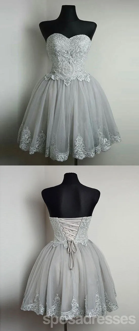 Strapless Gray Lace Tulle Homecoming Prom Dresses, Cheap Short Prom Dresses, CM350
