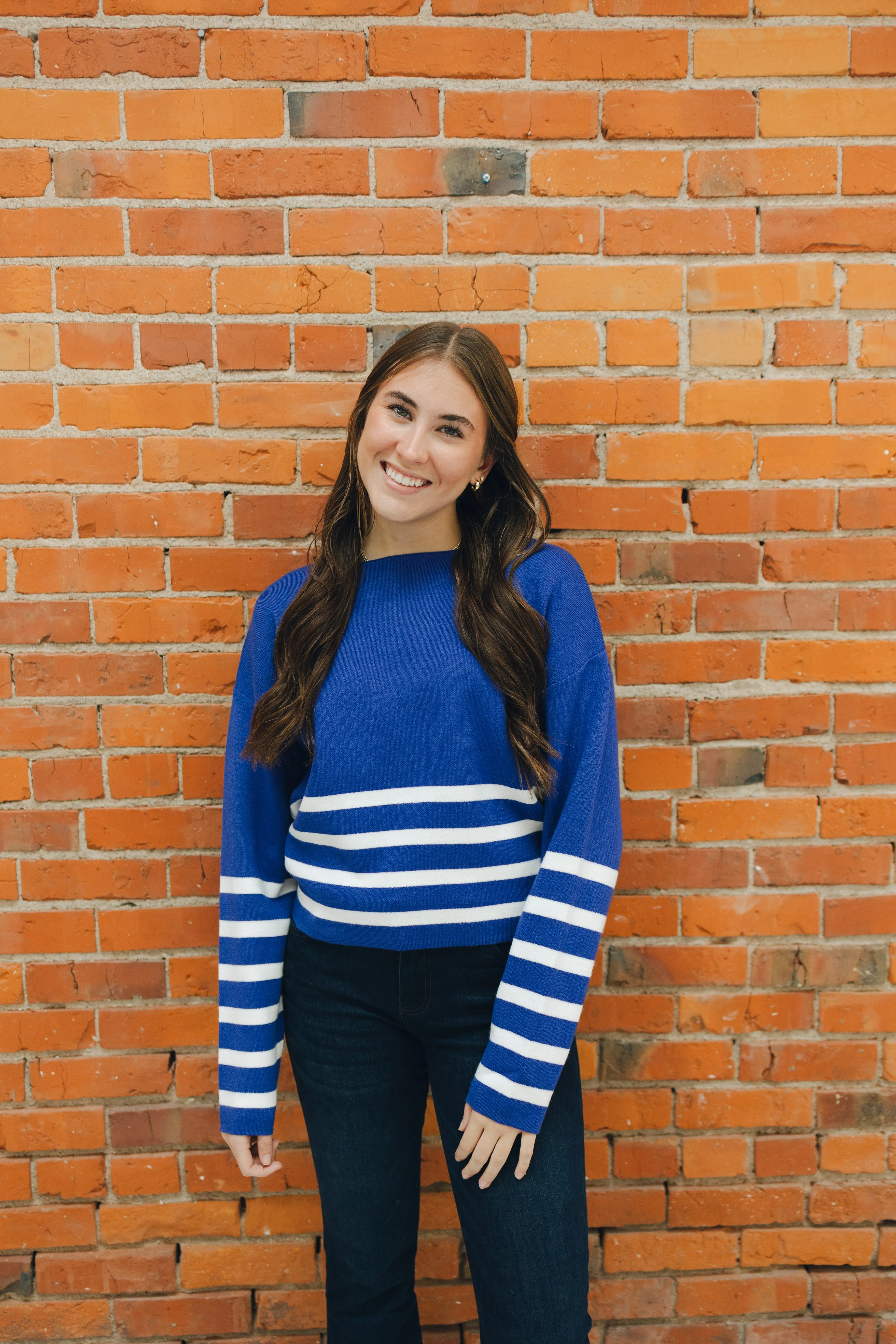 Striped Cropped Sweater - Navy/Ivory