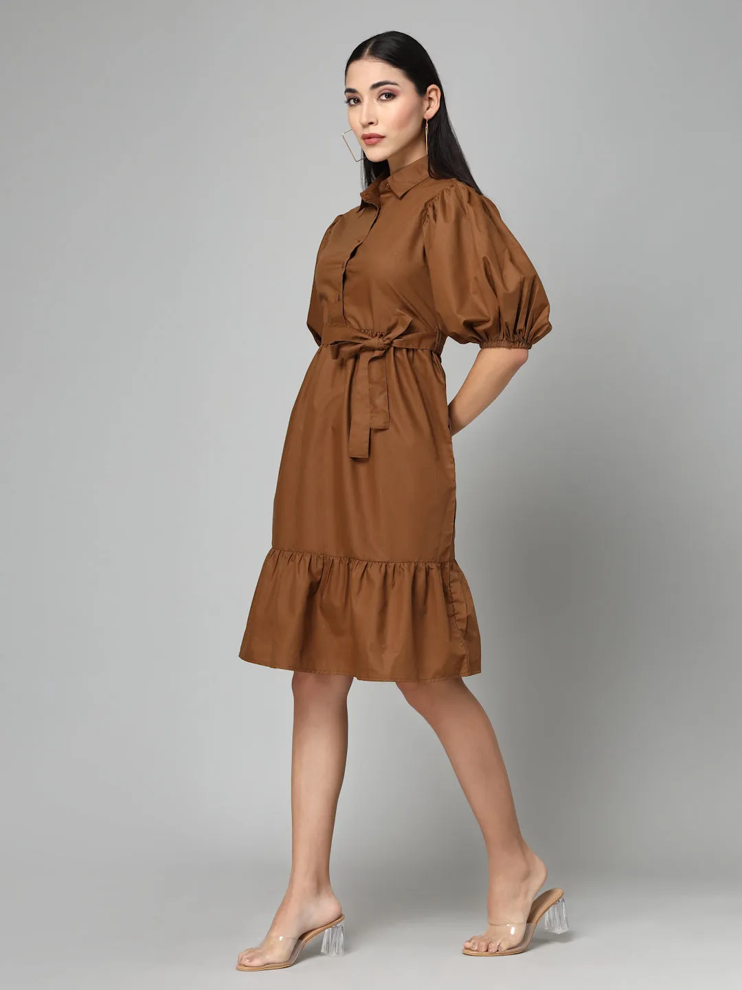 Style Quotient Women Solid Brown Polycotton Smart Casual  Dress