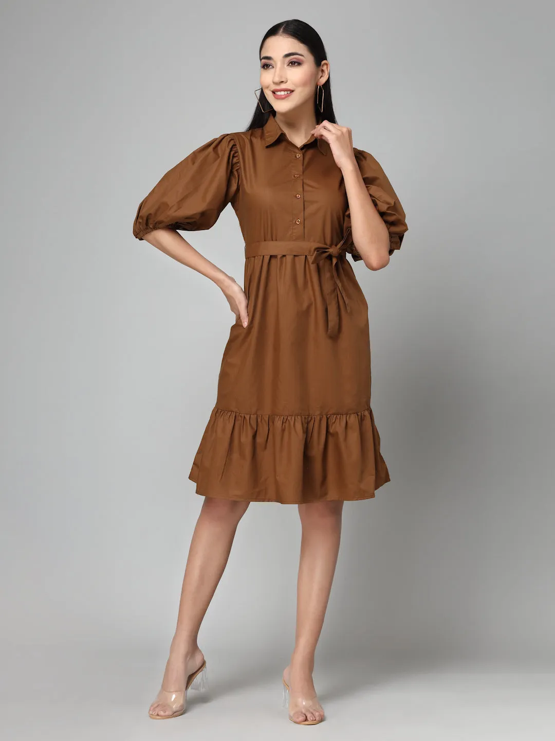 Style Quotient Women Solid Brown Polycotton Smart Casual  Dress