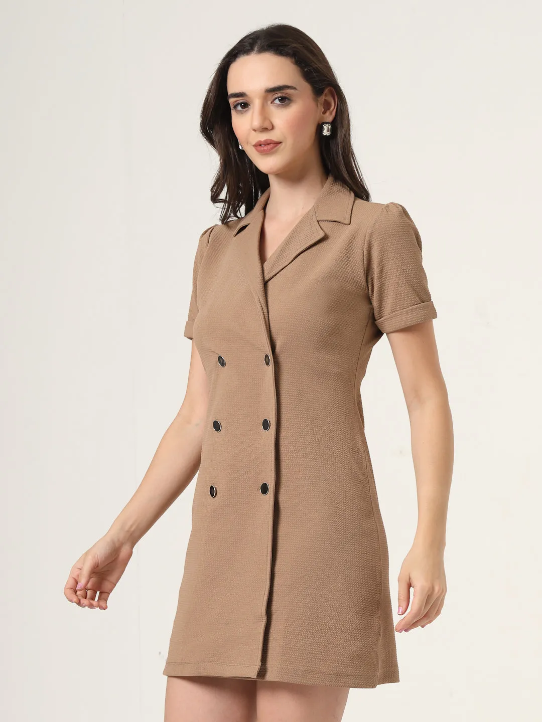 Style Quotient Women Solid Brown Texture Polyester Regular Fit Semi Formal Blazer Dress
