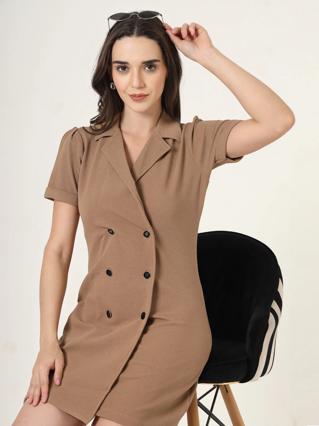 Style Quotient Women Solid Brown Texture Polyester Regular Fit Semi Formal Blazer Dress