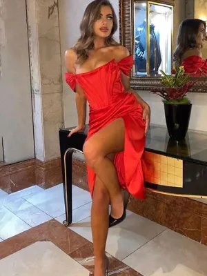 Summer Red Off Shoulder Sexy Dress Women High Split Short Homecoming Dresses, HDS0002