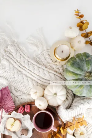 Sweaters, Coffee & Fall Pumpkins 2. Digital Stock Image.