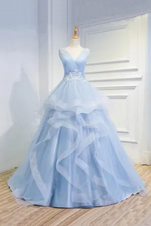 Sweetheart Baby Organza V Neck Ruffles Appliques Prom Dresses