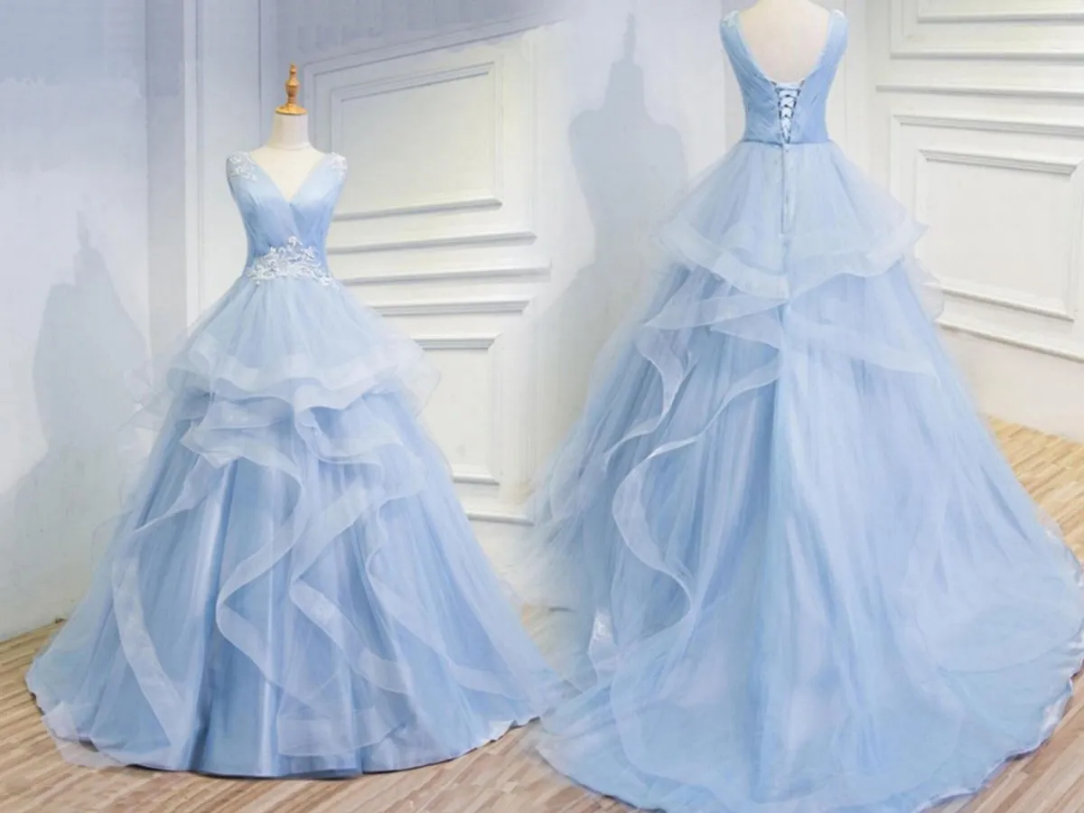 Sweetheart Baby Organza V Neck Ruffles Appliques Prom Dresses