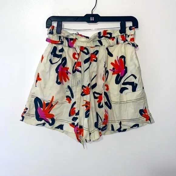 Tanya Taylor Quinn Floral Paperbag Linen Blend Shorts