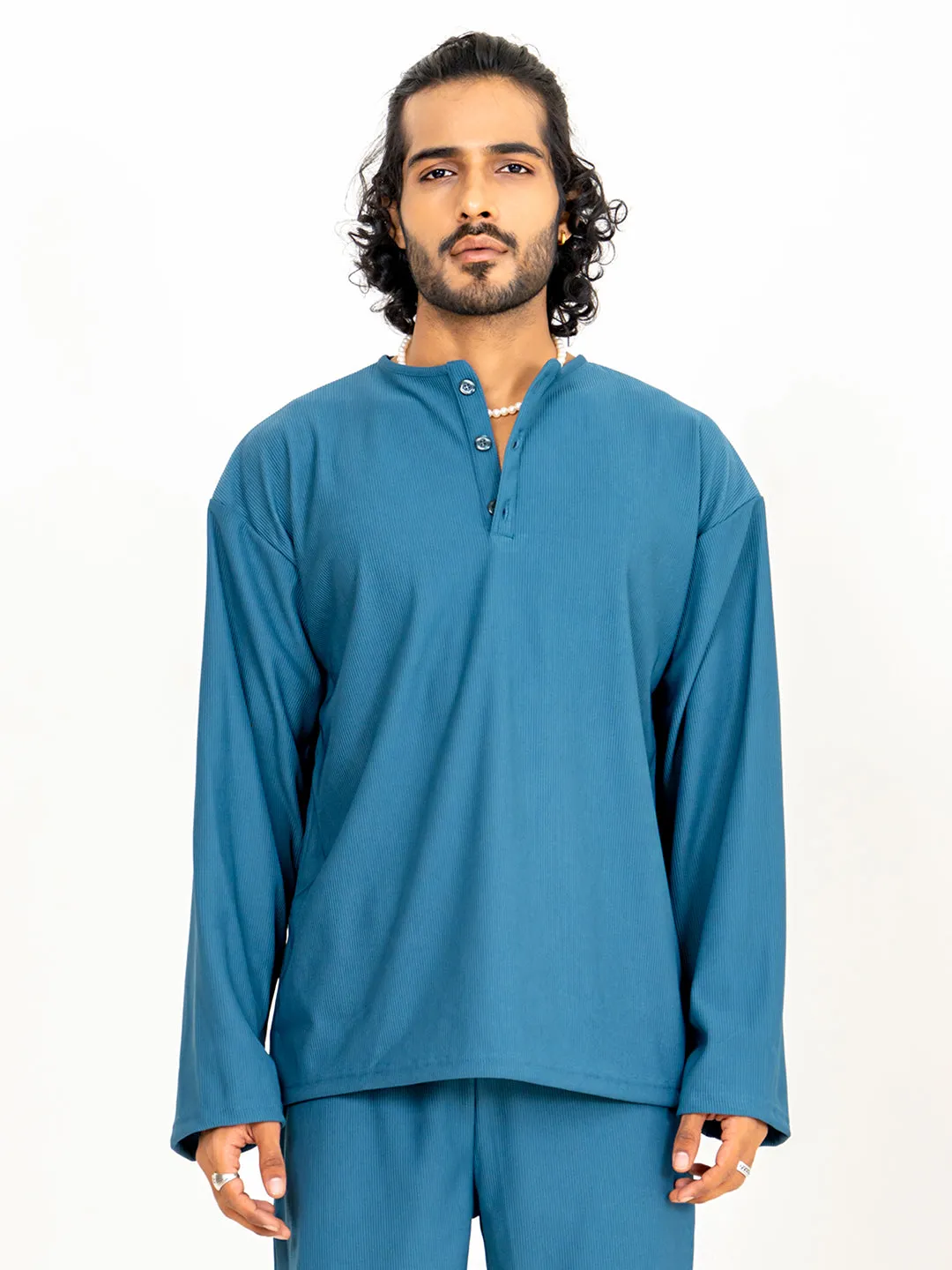 Teal Blue Cord Henley T-Shirt