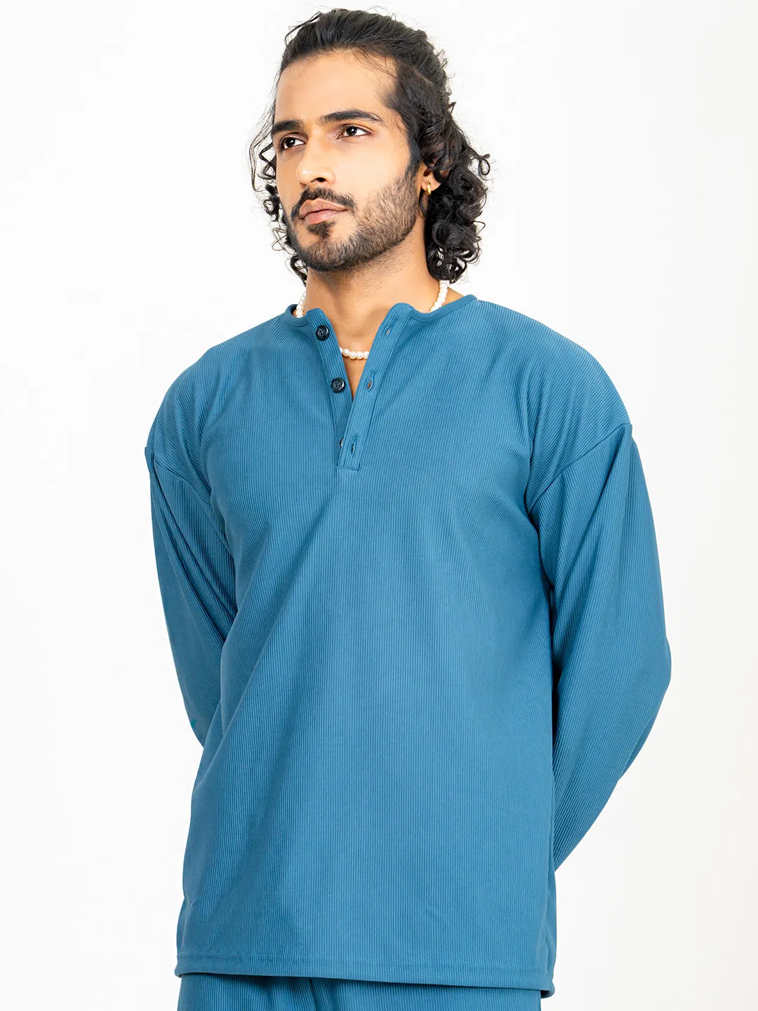 Teal Blue Cord Henley T-Shirt