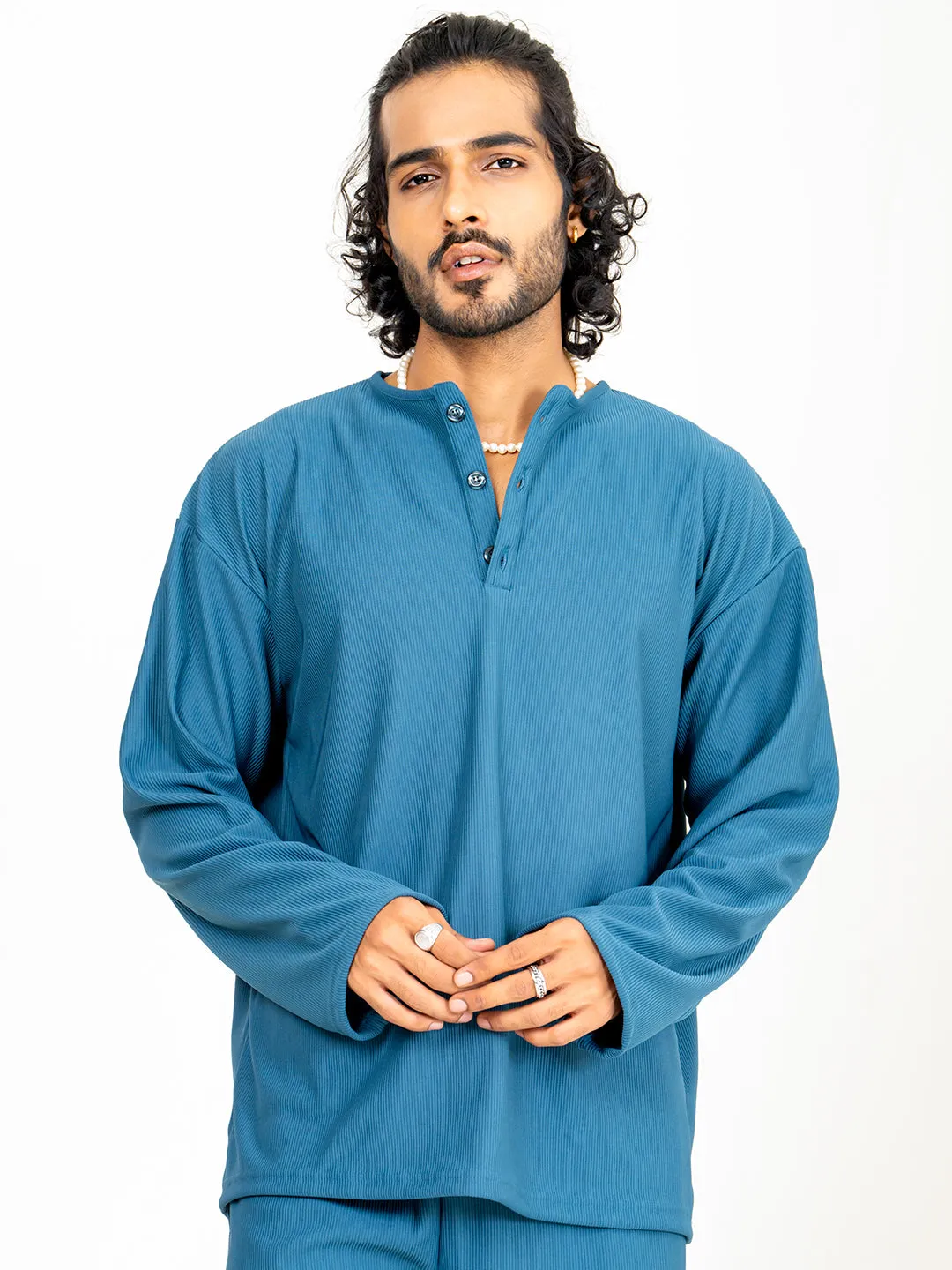 Teal Blue Cord Henley T-Shirt
