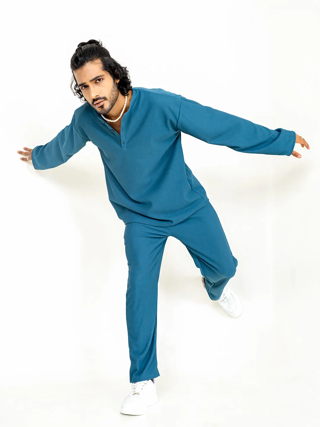 Teal Blue Cord Henley T-Shirt