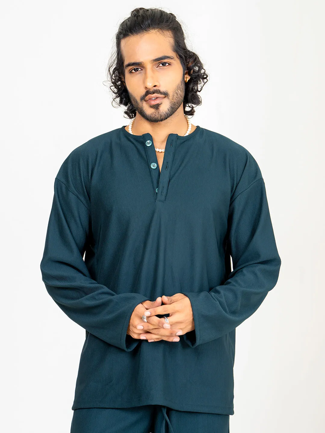 Teal Bluish Cord Henley T-Shirt