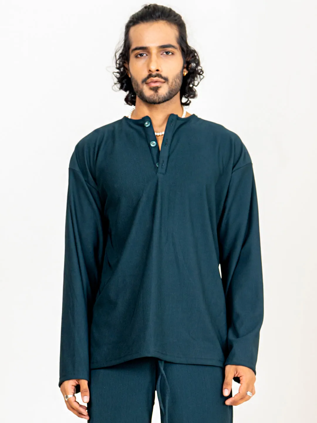 Teal Bluish Cord Henley T-Shirt