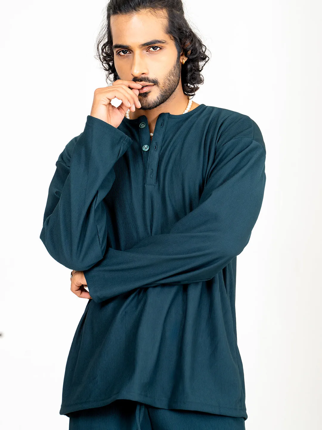 Teal Bluish Cord Henley T-Shirt