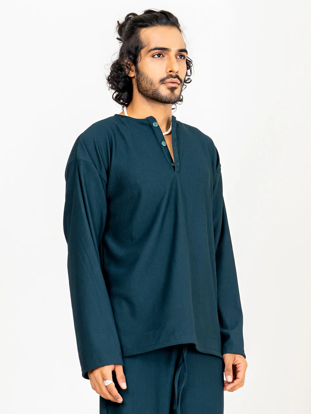 Teal Bluish Cord Henley T-Shirt