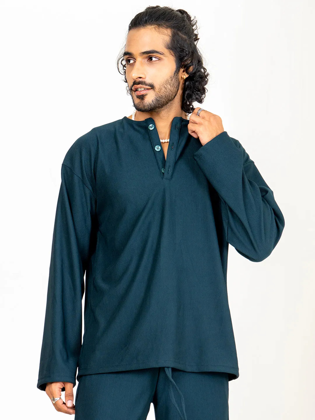 Teal Bluish Cord Henley T-Shirt
