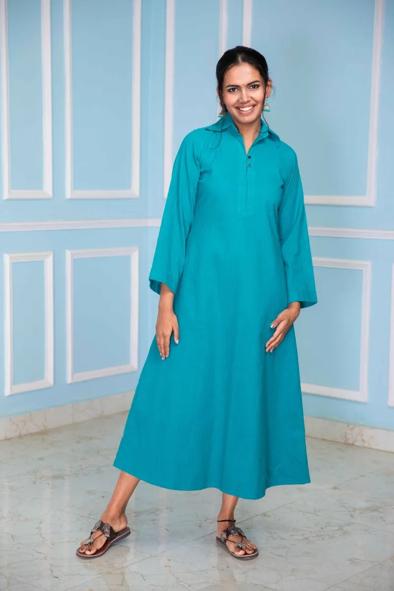 Terrific Turquoise Collared Midi Dress