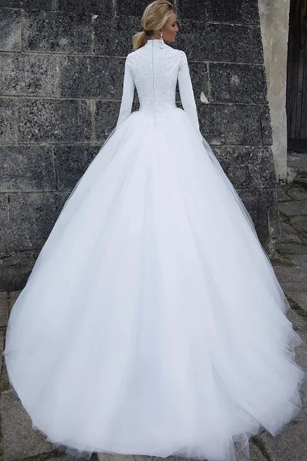 Tulle Ball Gown High Neck Long Sleeves Wedding Dresses, Bridal Gown, SW618