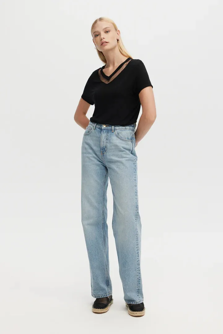 Tulle Insert V Neck I Black