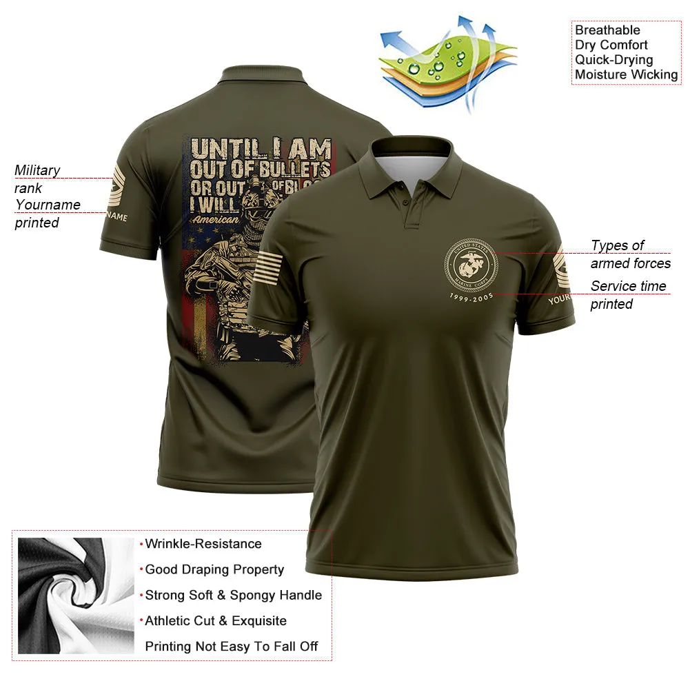 Until I Am Out Of Bullets Or Out Of Blood I Will Fight Custom Olive American Military Rank Veteran Name Golf Polo Shirt
