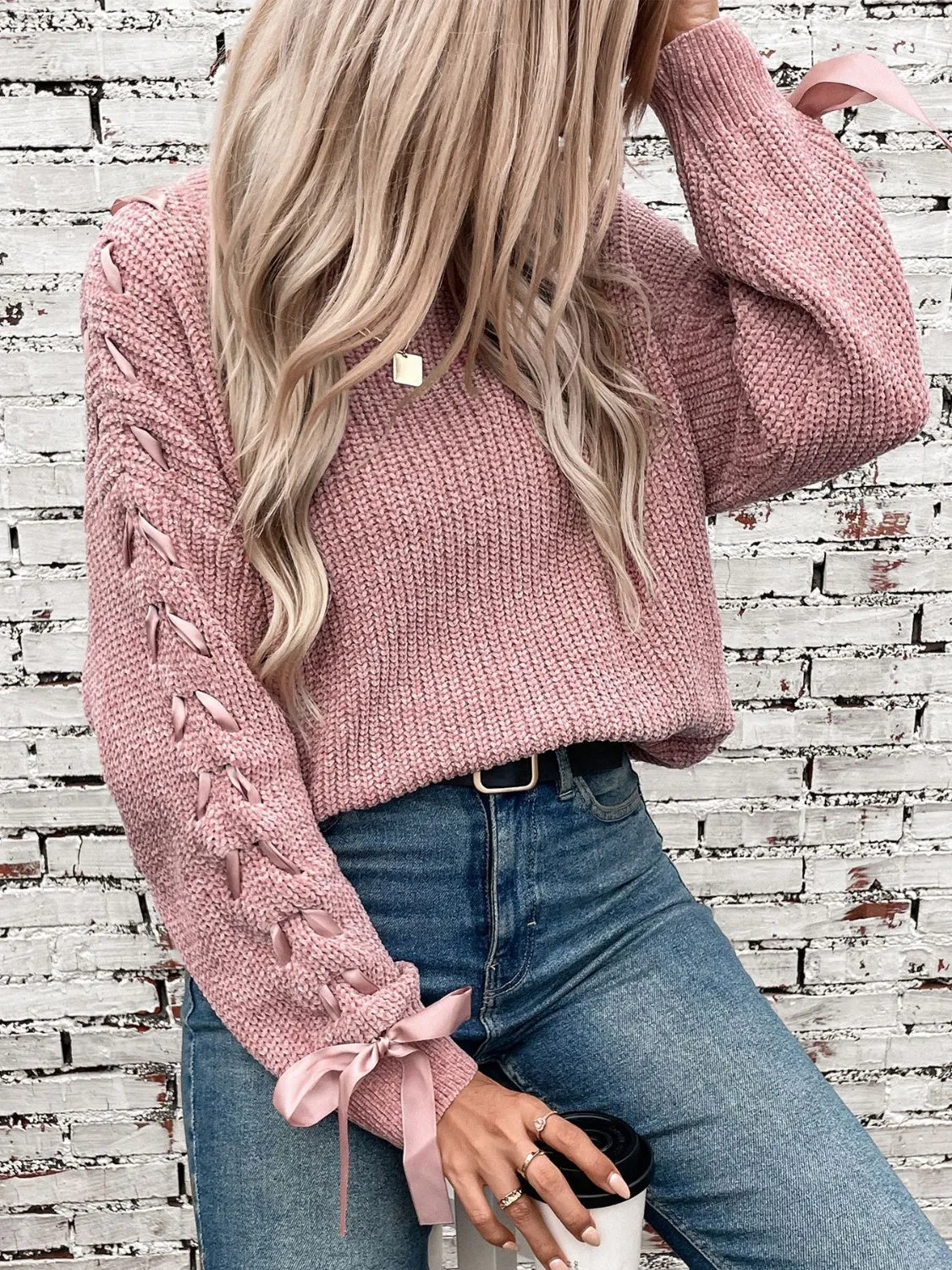 Vanessa Lace Up Round Neck Long Sleeve Sweater
