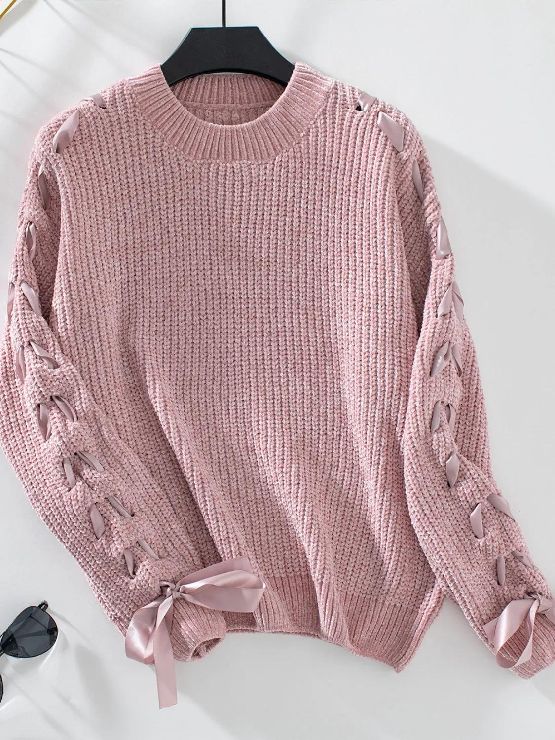 Vanessa Lace Up Round Neck Long Sleeve Sweater
