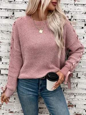 Vanessa Lace Up Round Neck Long Sleeve Sweater