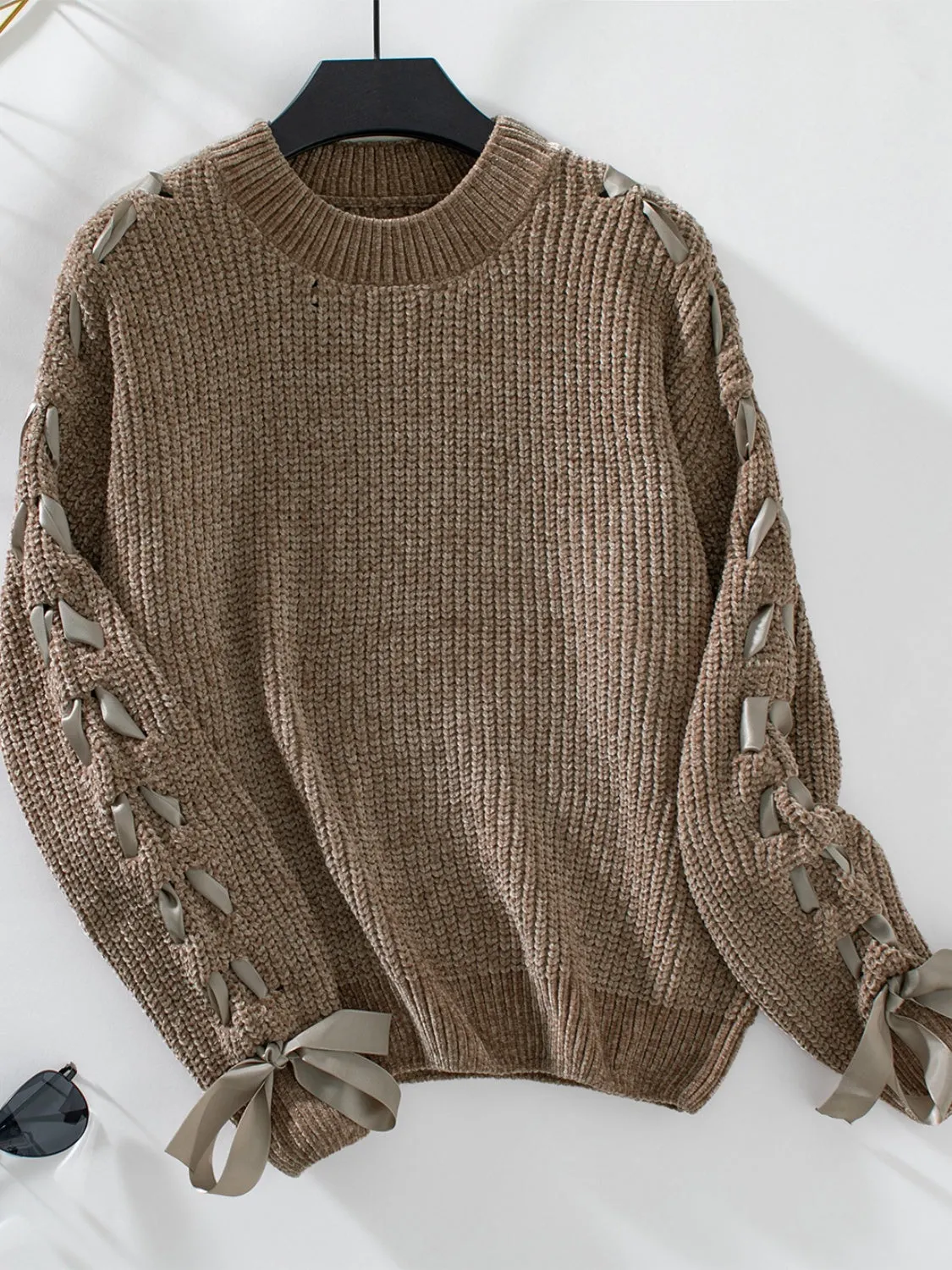Vanessa Lace Up Round Neck Long Sleeve Sweater
