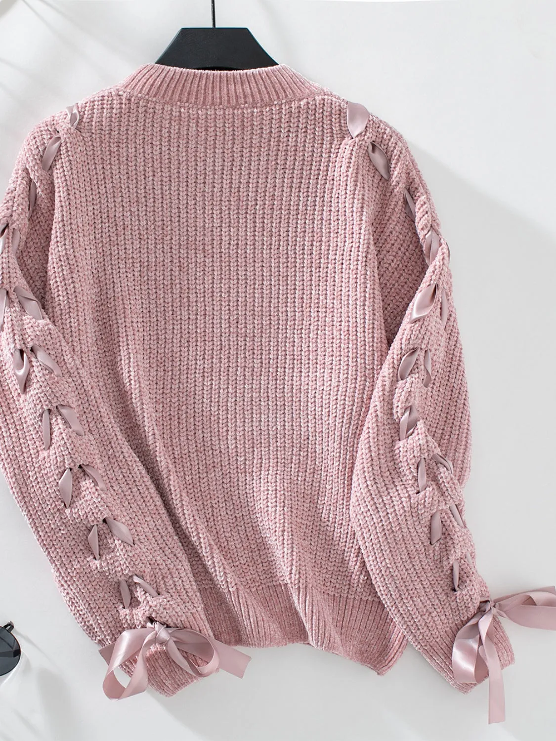 Vanessa Lace Up Round Neck Long Sleeve Sweater