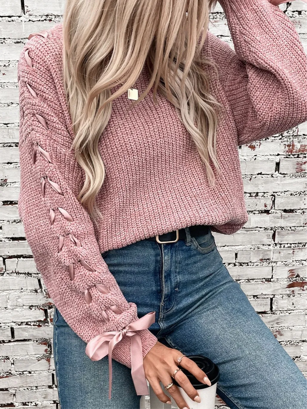 Vanessa Lace Up Round Neck Long Sleeve Sweater