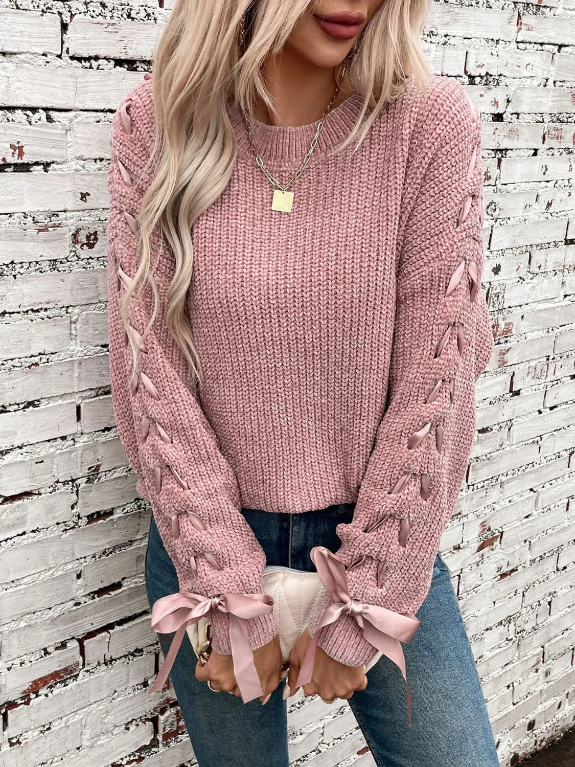 Vanessa Lace Up Round Neck Long Sleeve Sweater