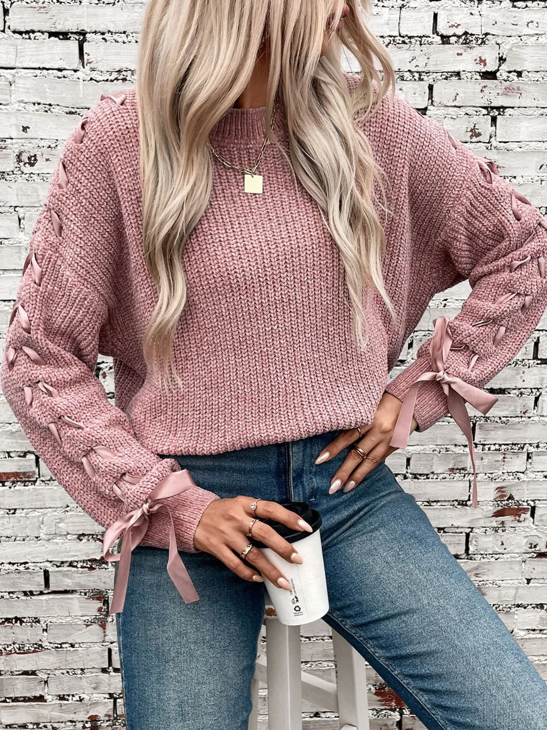 Vanessa Lace Up Round Neck Long Sleeve Sweater
