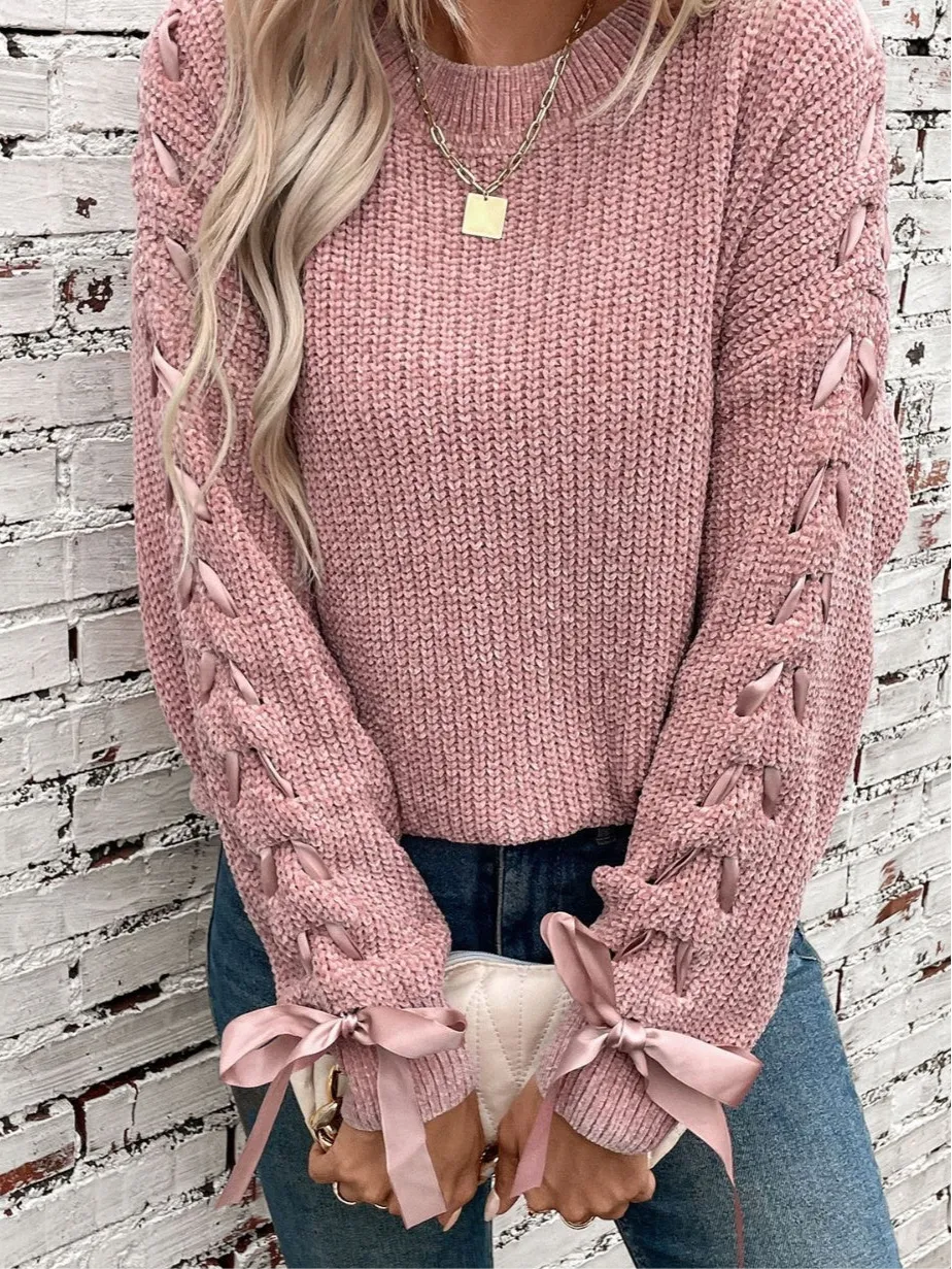 Vanessa Lace Up Round Neck Long Sleeve Sweater