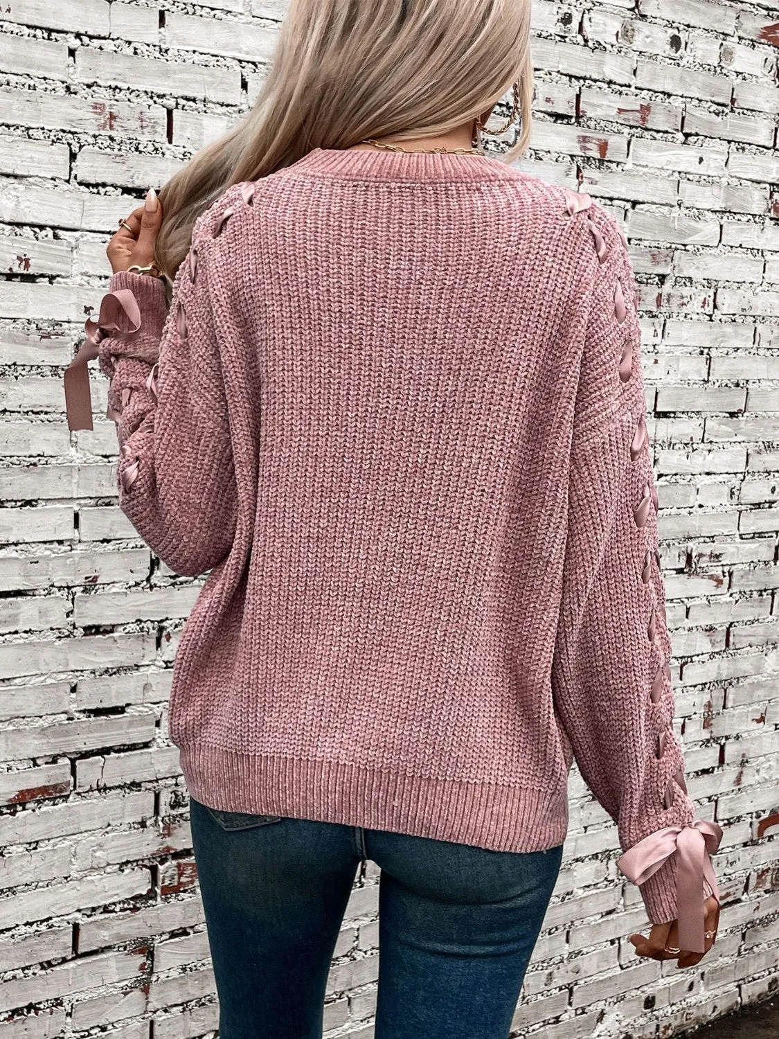 Vanessa Lace Up Round Neck Long Sleeve Sweater