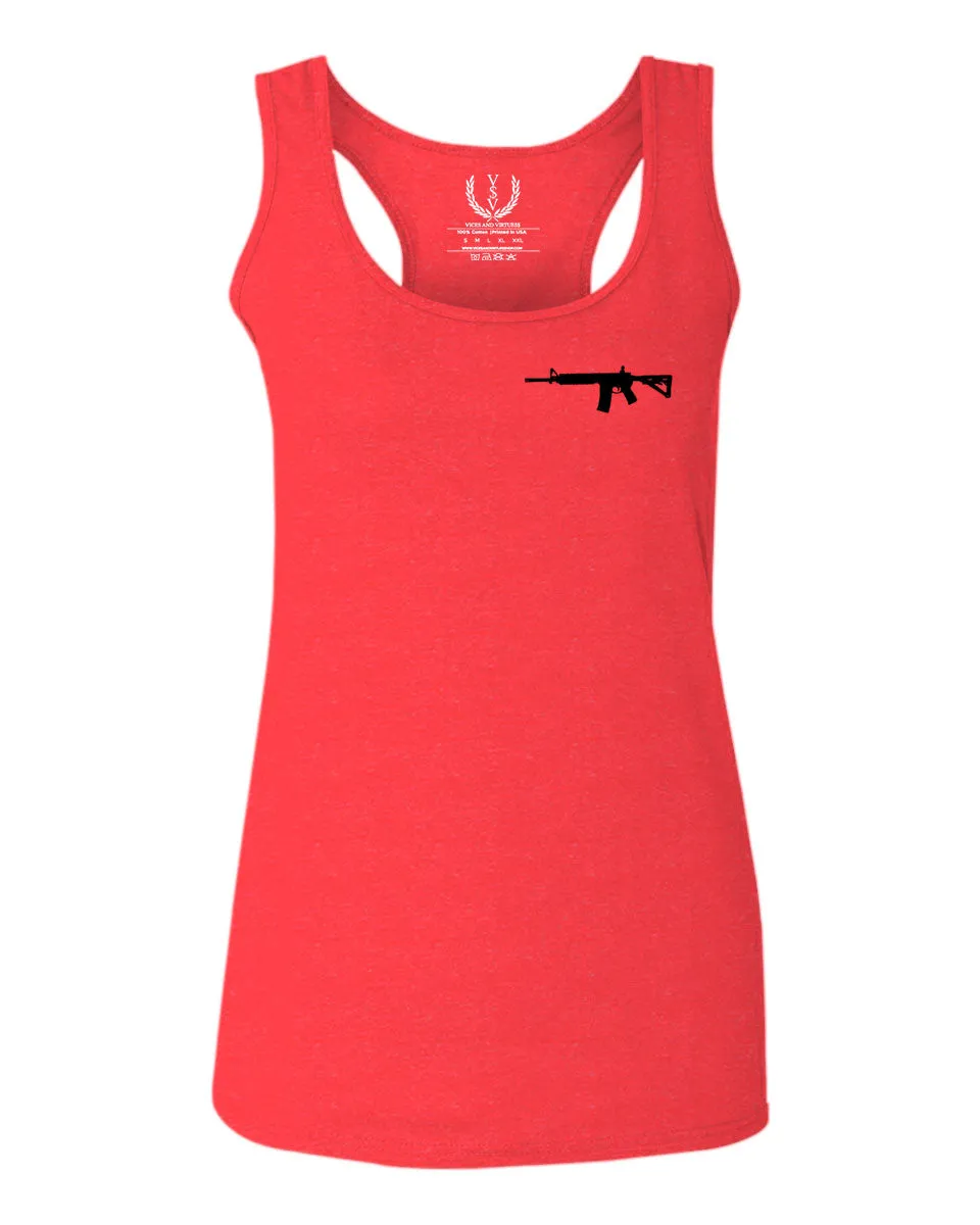 VICES AND VIRTUES Second Amendment Support American Flag Gun ar 15 Rights  women's Tank Top sleeveless Racerback