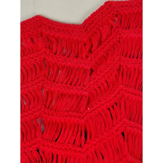 Vintage Sweater Red Open Weave Fringed  Ladies Red Organically Grown 1980s S