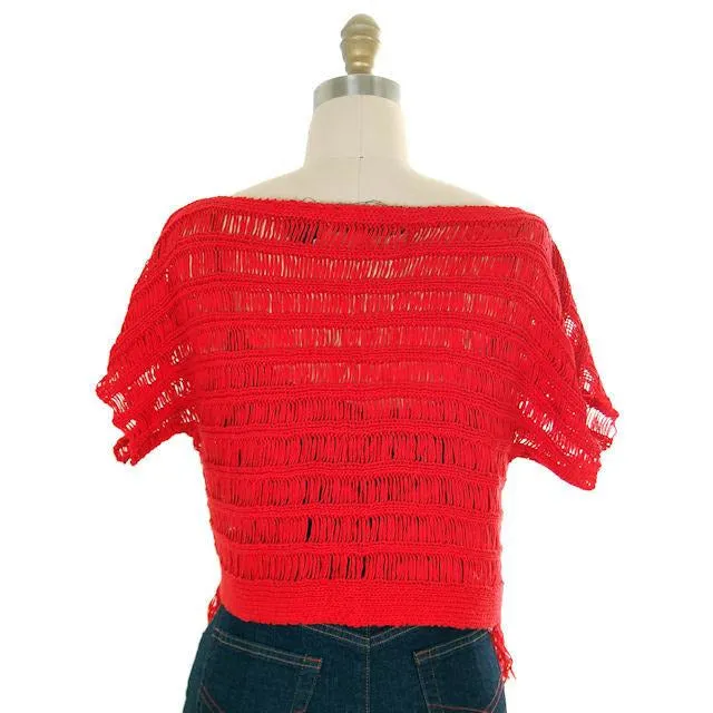 Vintage Sweater Red Open Weave Fringed  Ladies Red Organically Grown 1980s S