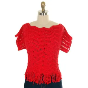 Vintage Sweater Red Open Weave Fringed  Ladies Red Organically Grown 1980s S