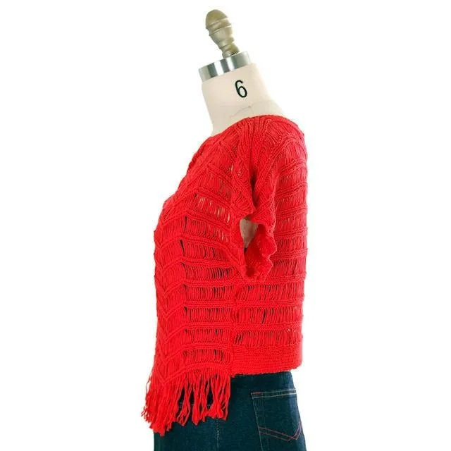 Vintage Sweater Red Open Weave Fringed  Ladies Red Organically Grown 1980s S