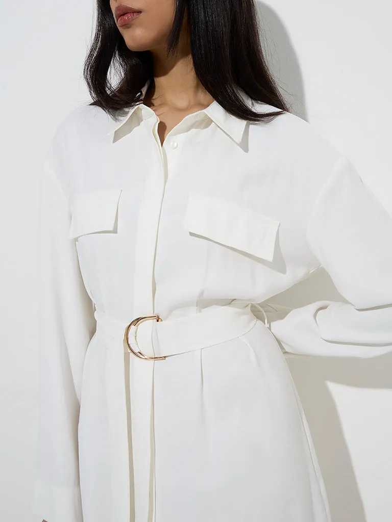 Wardrobe Ivory Solid Shirt Dress with Belt