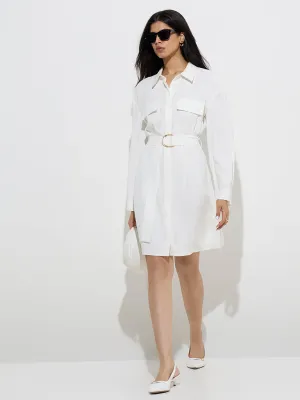 Wardrobe Ivory Solid Shirt Dress with Belt