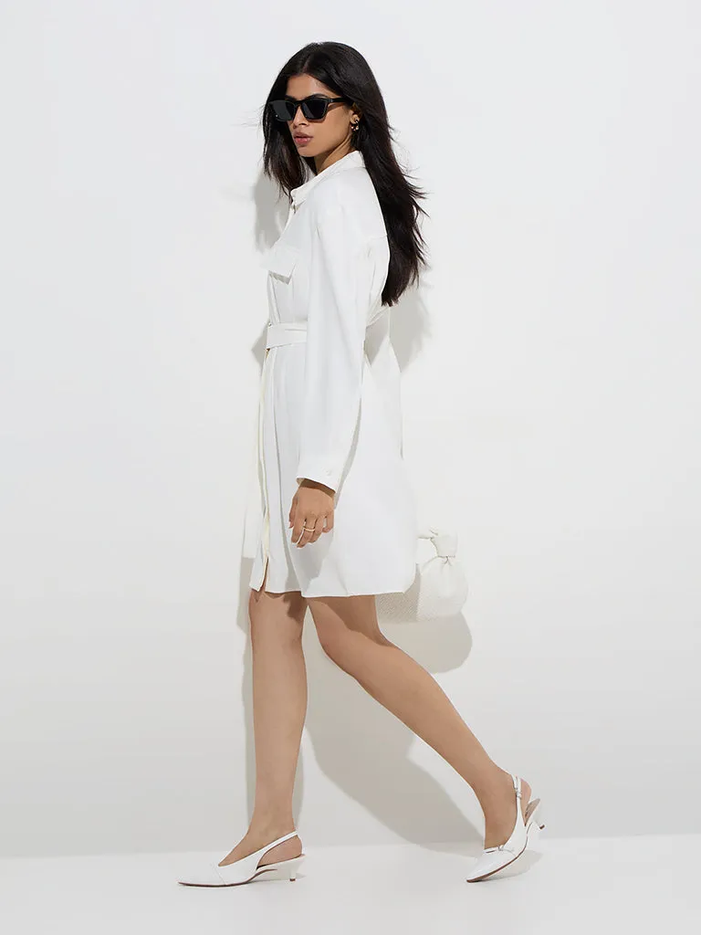 Wardrobe Ivory Solid Shirt Dress with Belt