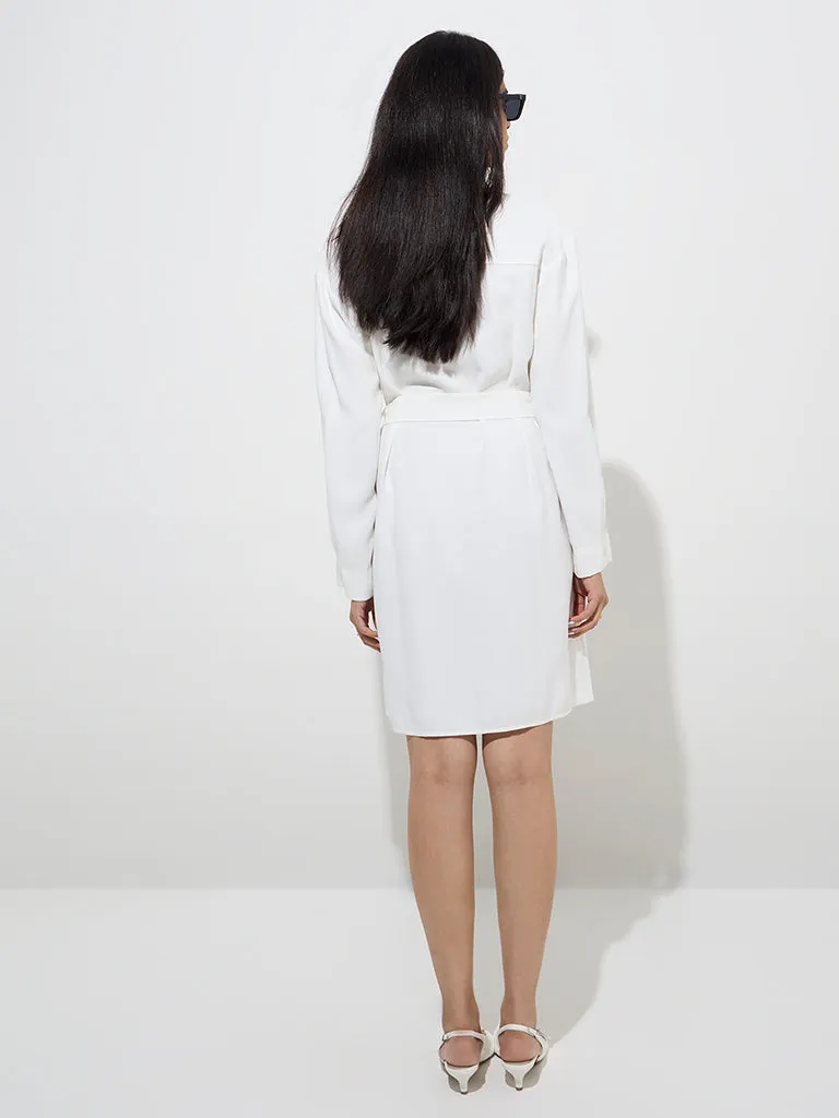 Wardrobe Ivory Solid Shirt Dress with Belt