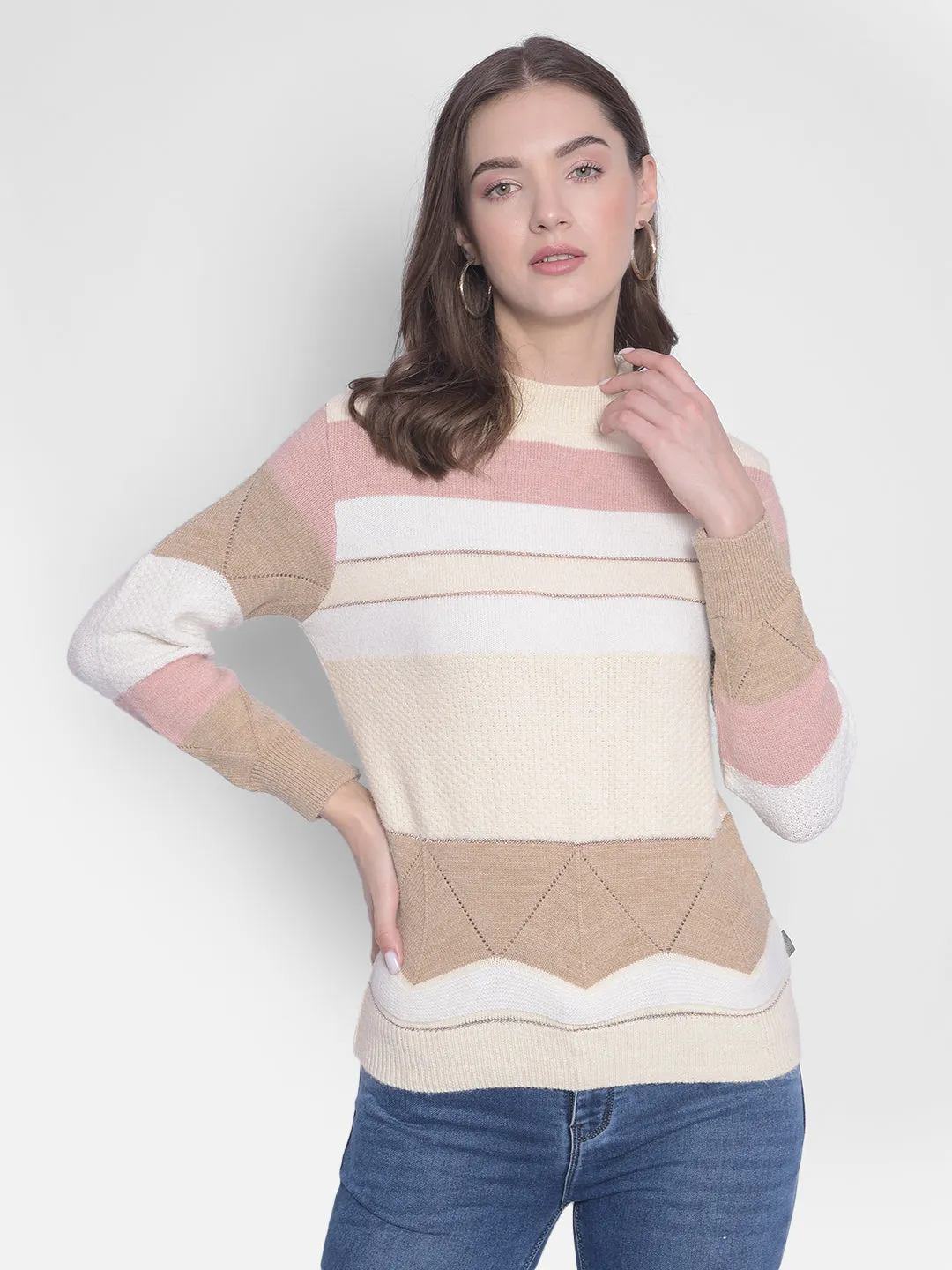 White Striped High Neck Sweaters